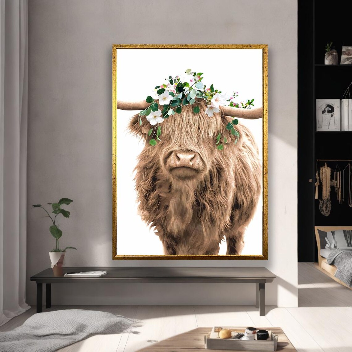 Adorable Highland Cow Flower Crown Cute Fluffy Portrait Art Poster