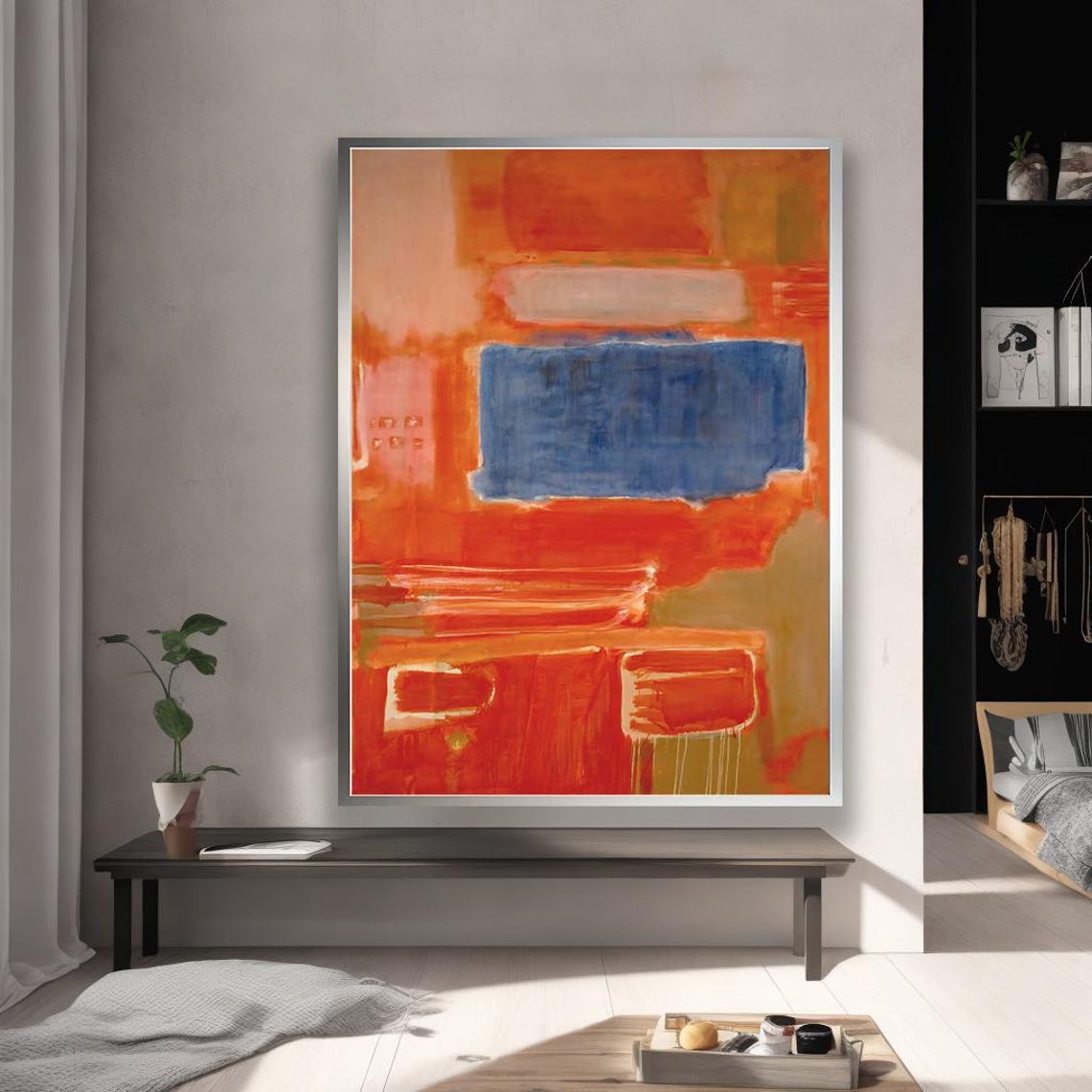 Framed Abstract Canvas Blue And Orange Bold Wall Art Gold Frame Modern Decor