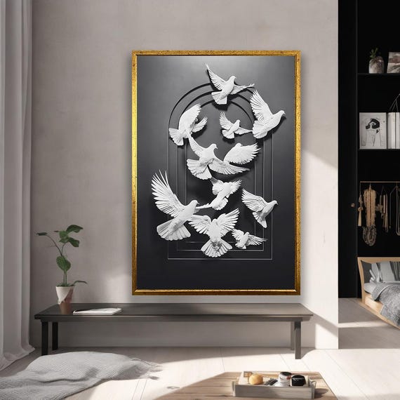 Modern White Birds Wall Art 3d Effect Minimalist Canvas Black And Home Decor