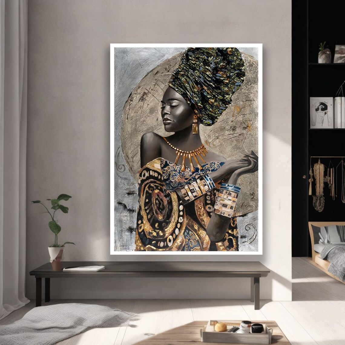 African Woman Headwrap Gold Jewelry Elegant Portrait Art Poster