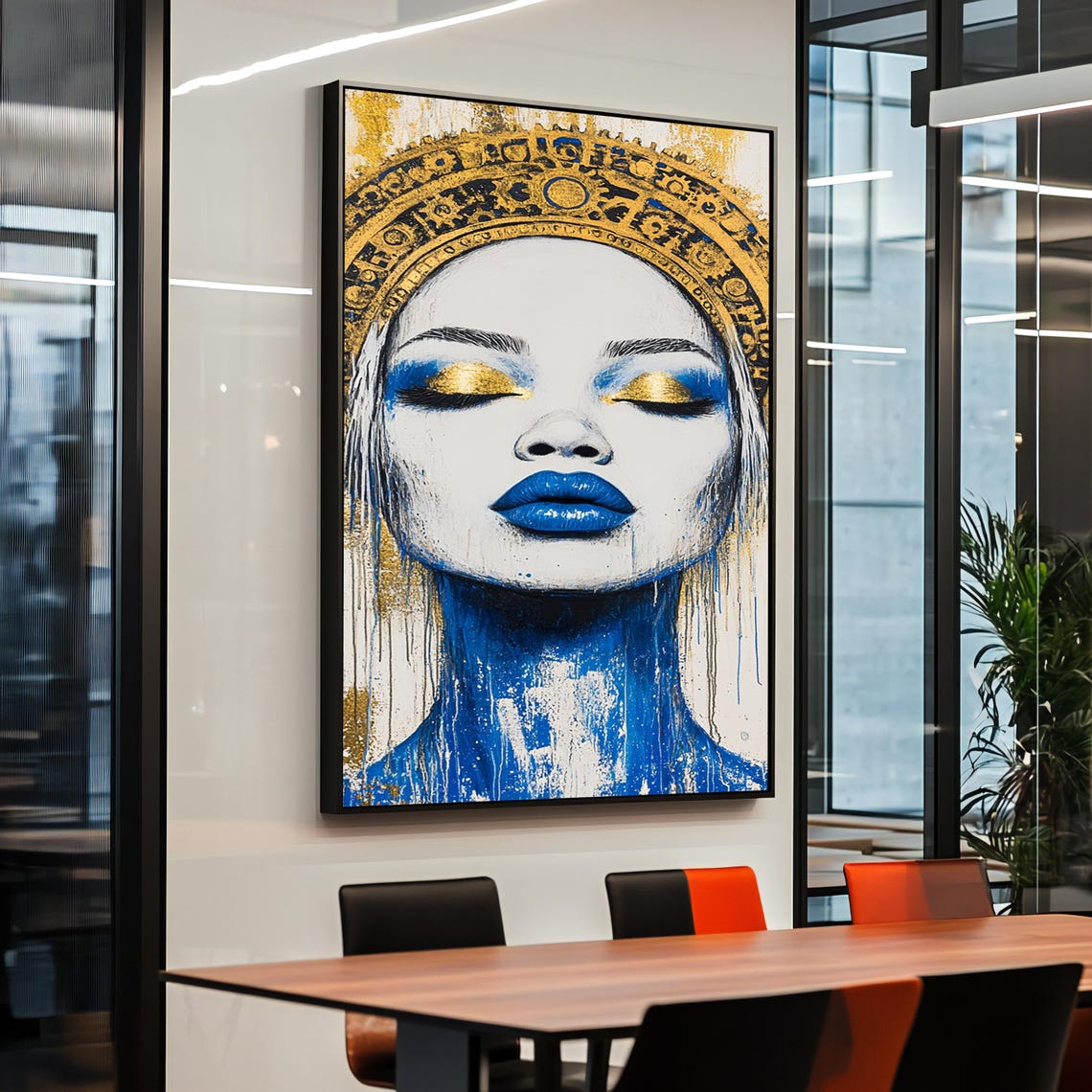 Abstract Woman Portrait Blue Gold Crown Modern Face Wall Art