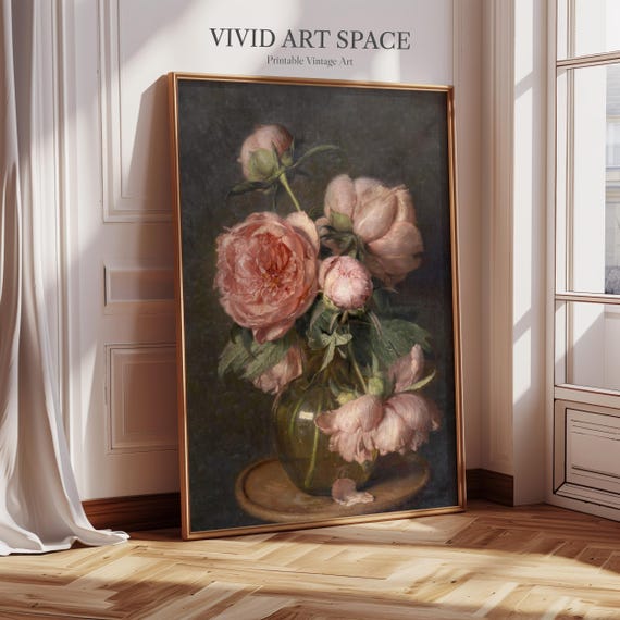 Moody Pink Peonies Vintage Floral Art Print