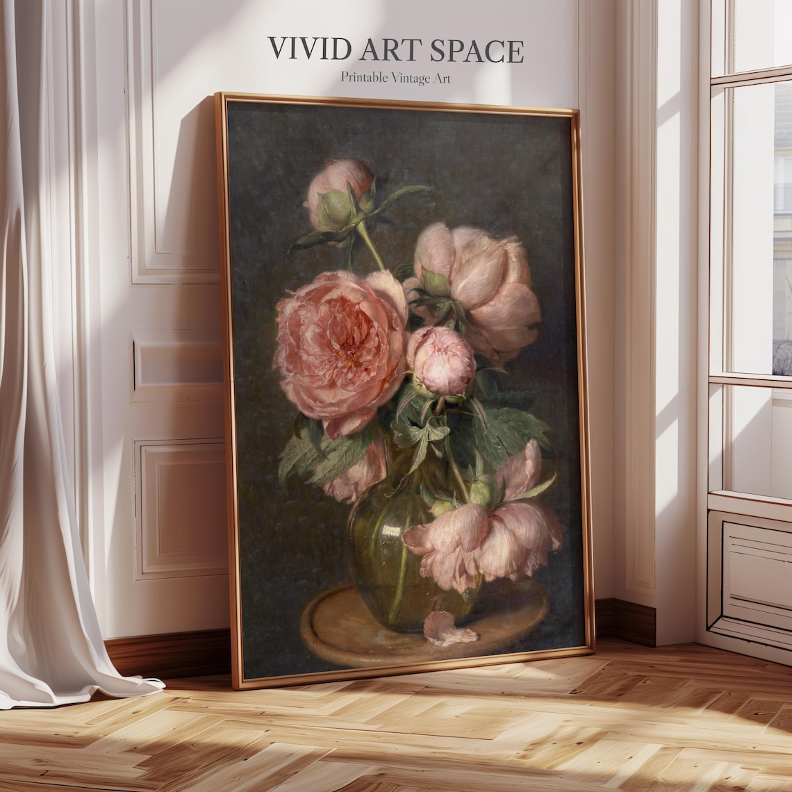 Moody Pink Peonies Vintage Floral Art Print