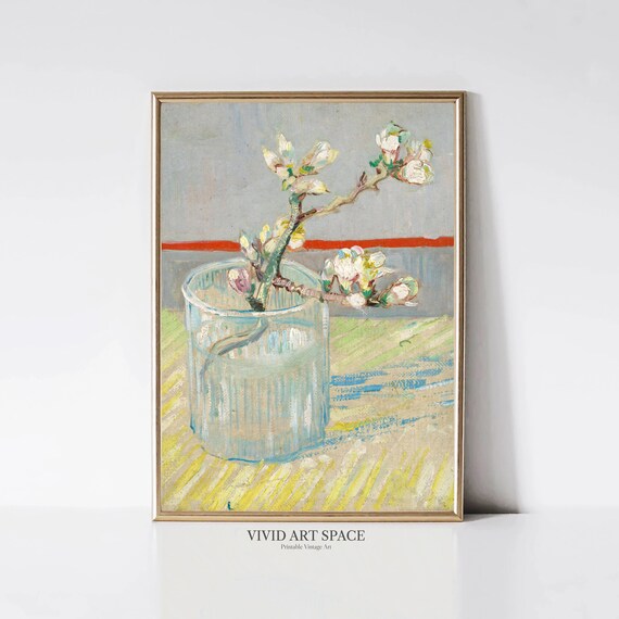 Vincent Van Gogh Flowering Almond Branch Glass Vase Art Print