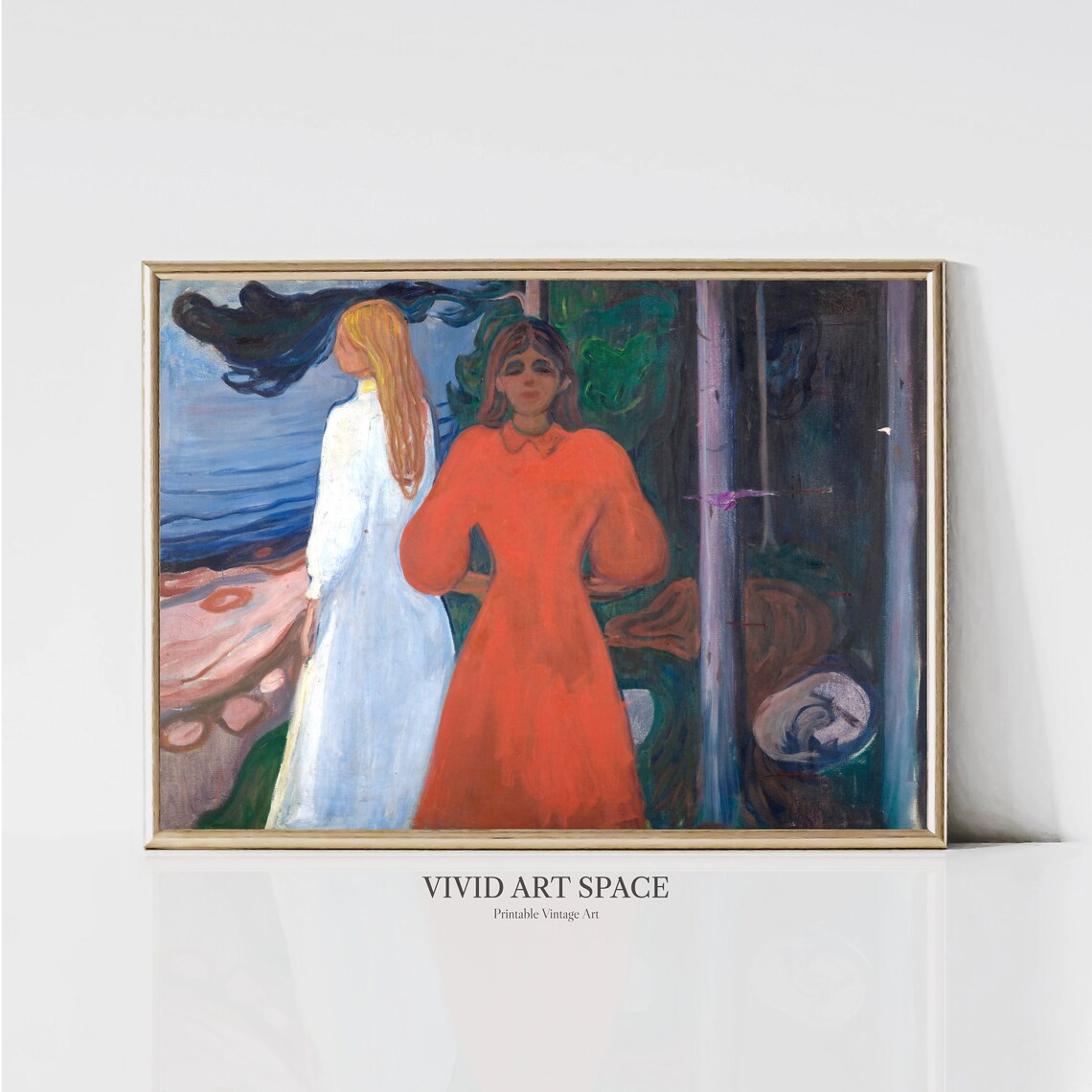 Munch Red And White Two Women Shore Expressionist Painting Poster
