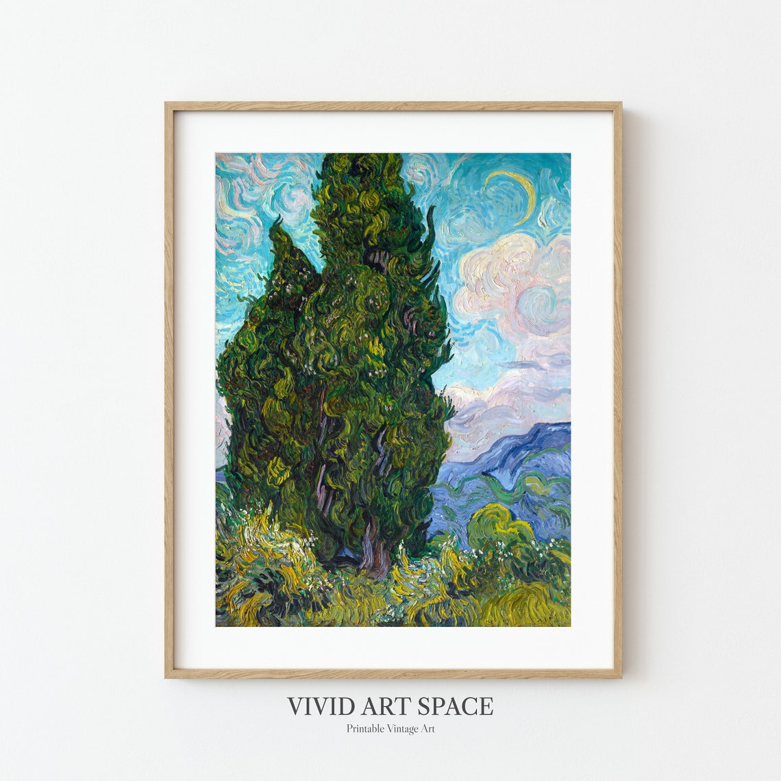 Van Gogh Cypresses Swirling Night Sky Moonlit Landscape Art Print - Image 3