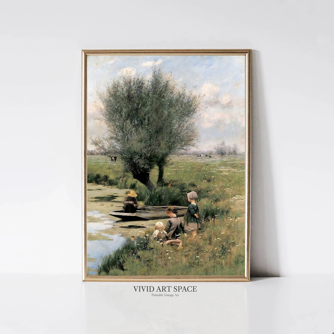 Afternoon Along the River Boatman Children Peaceful Vintage Print - Image 3