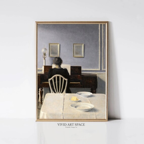 Woman Playing Piano in a Quiet Moody Blue Room Interior Poster