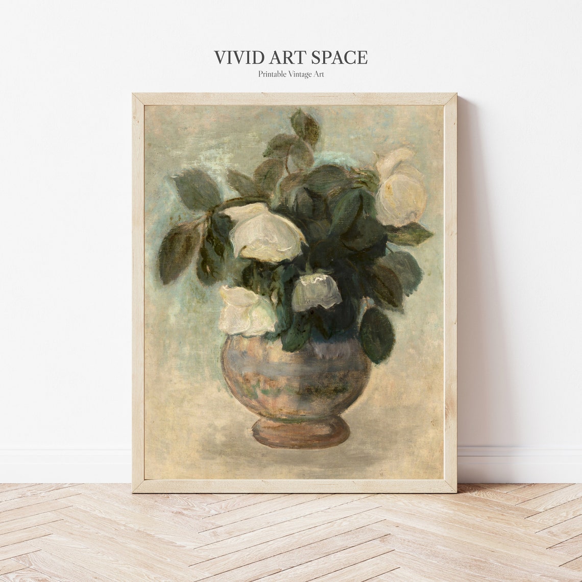 White Roses in a Footed Vase Impressionist Still Life Art Print - Image 3