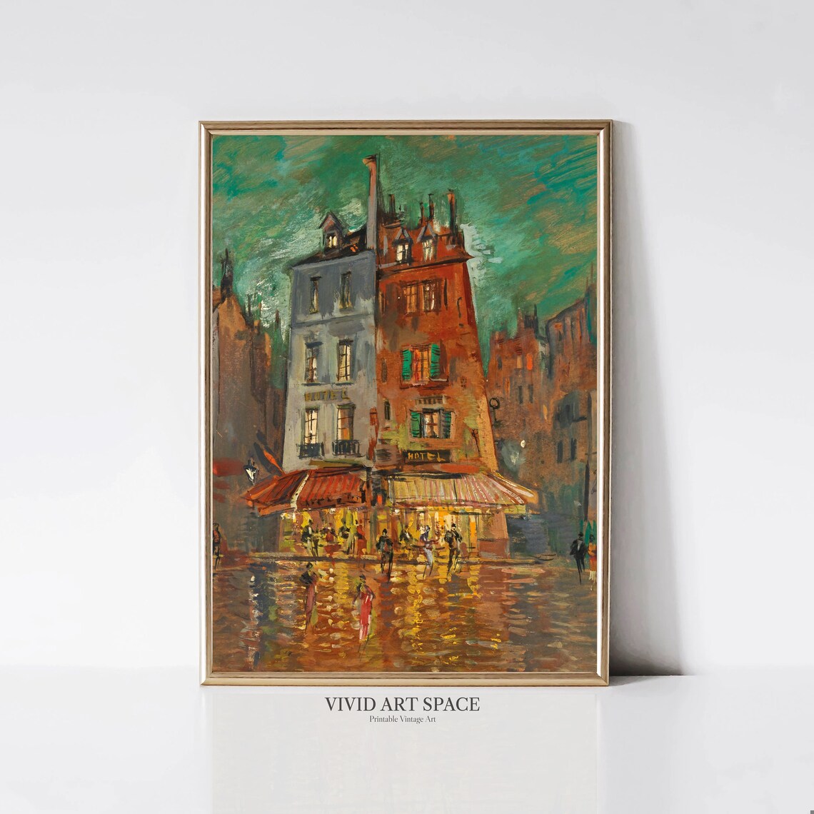 Paris Night Street Rainy Vintage Cityscape Oil Painting Print