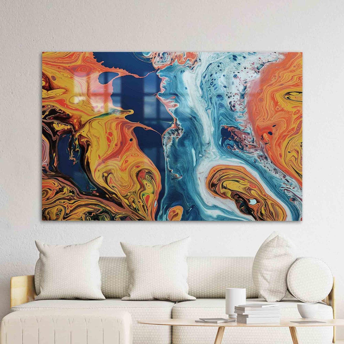 Fiery Orange and Deep Blue Marble Swirl Abstract Fluid Art Poster