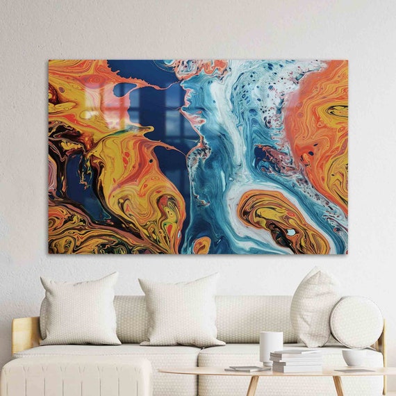 Tempered Glass Wall Decor Art Colorful Orange And Blue Abstract Decoration