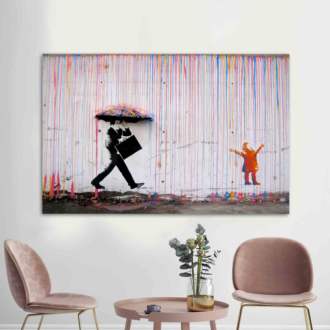 Banksy Color Rain Street Art Poster with Umbrella Man Walking