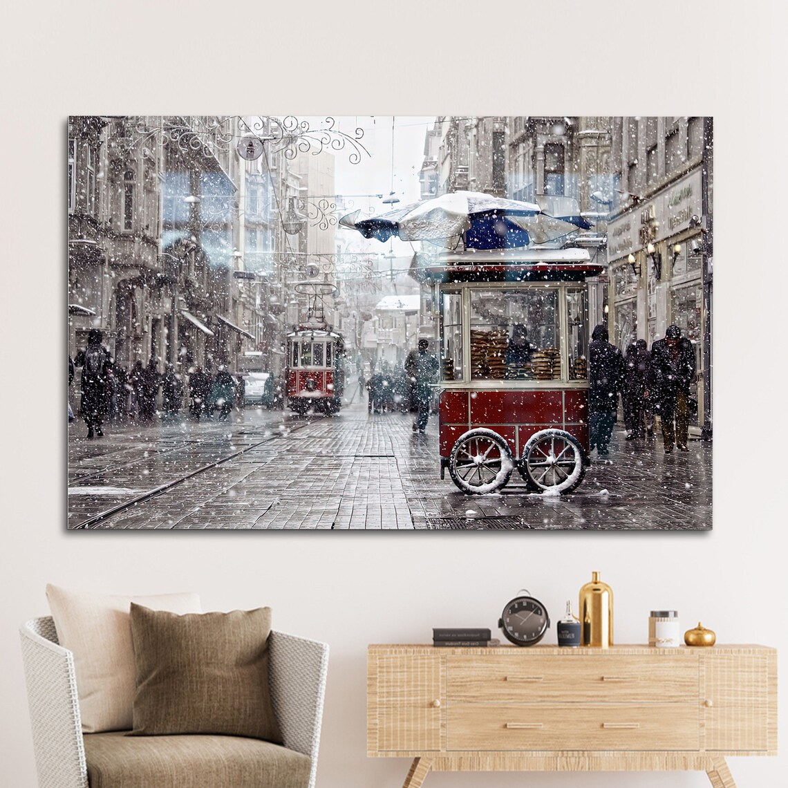 Istanbul Istiklal Street Snowy Tram and Simit Cart Winter Wall Art