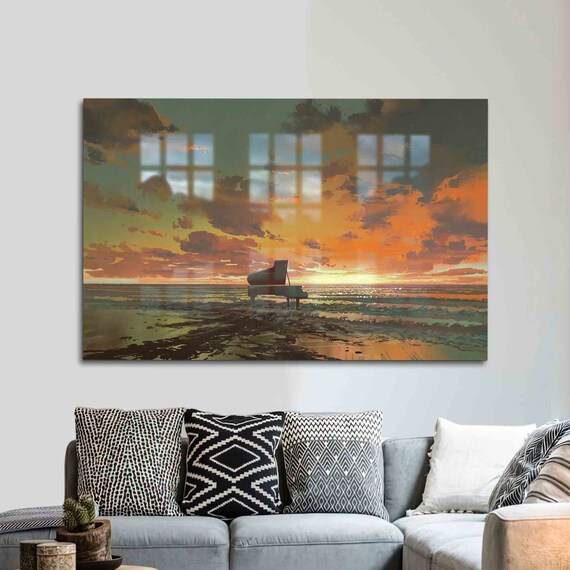 Grand Piano on a Lonely Beach at Dramatic Orange Sunset Poster