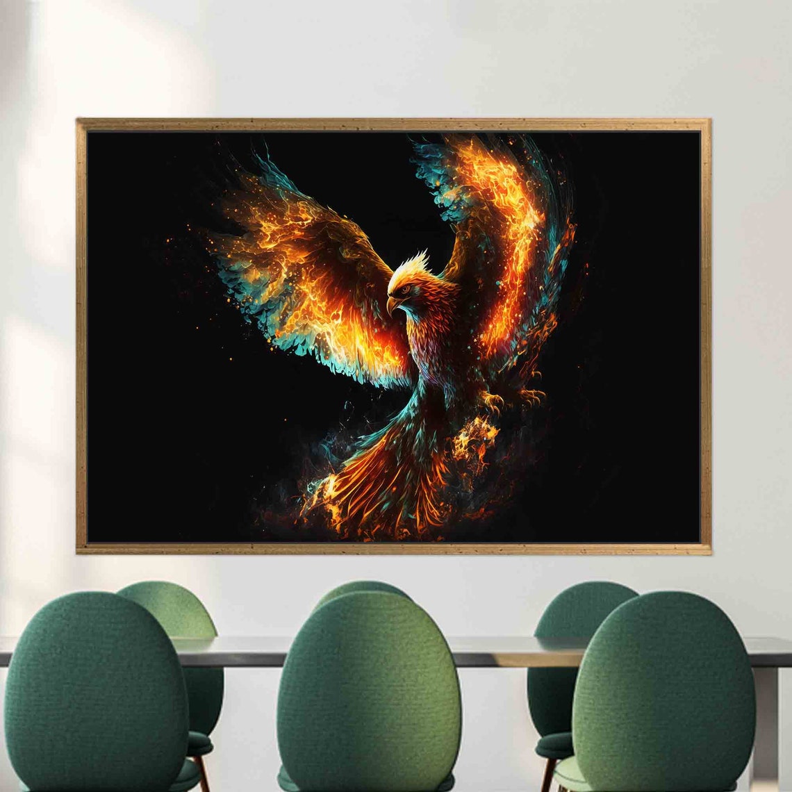 Fiery Phoenix Rising From Flames Digital Fantasy Bird Poster