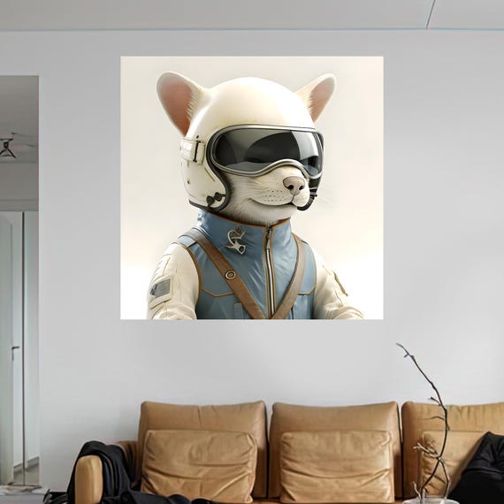 Cute White Cat Pilot Helmet Space Goggles Astronaut Art Poster