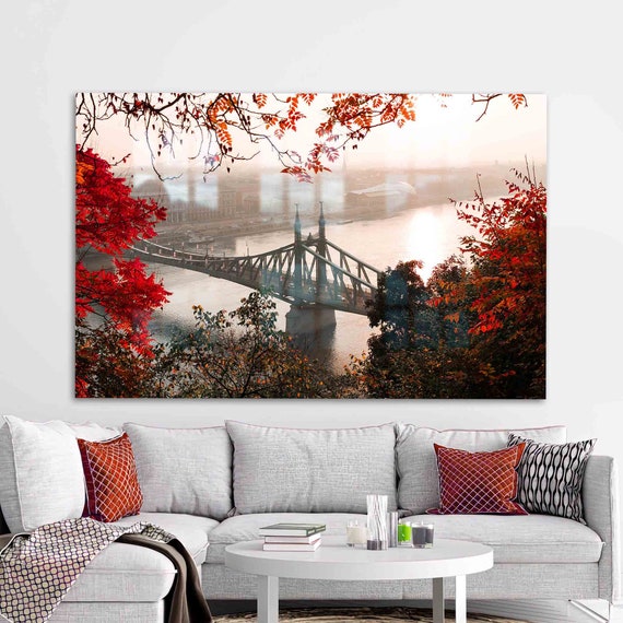 Wall Art Decoration Mural Bridge Tempered Glass Contemporary River Landscape Decor Red Tree
