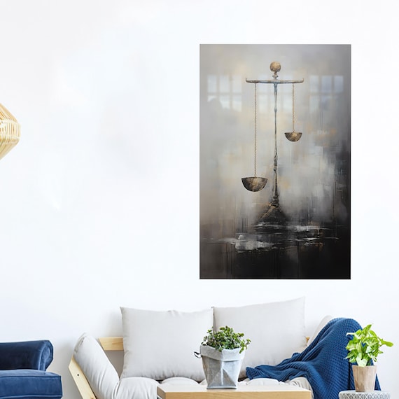 Unbalanced Scales of Justice Abstract Gray Gold Oil Art Print
