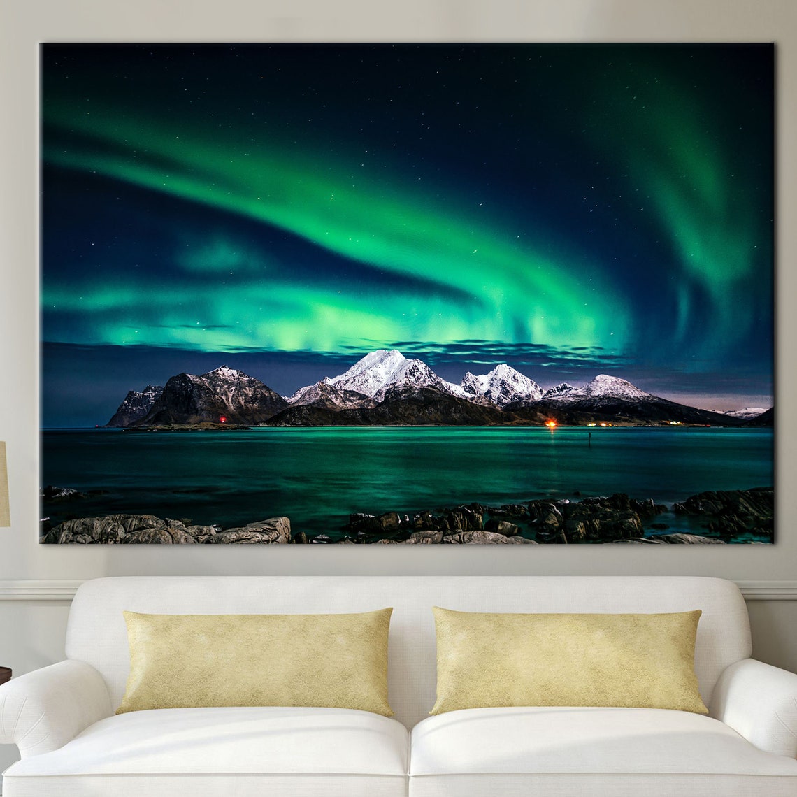 Aurora Borealis Over Snowy Mountains Night Sky Landscape Poster