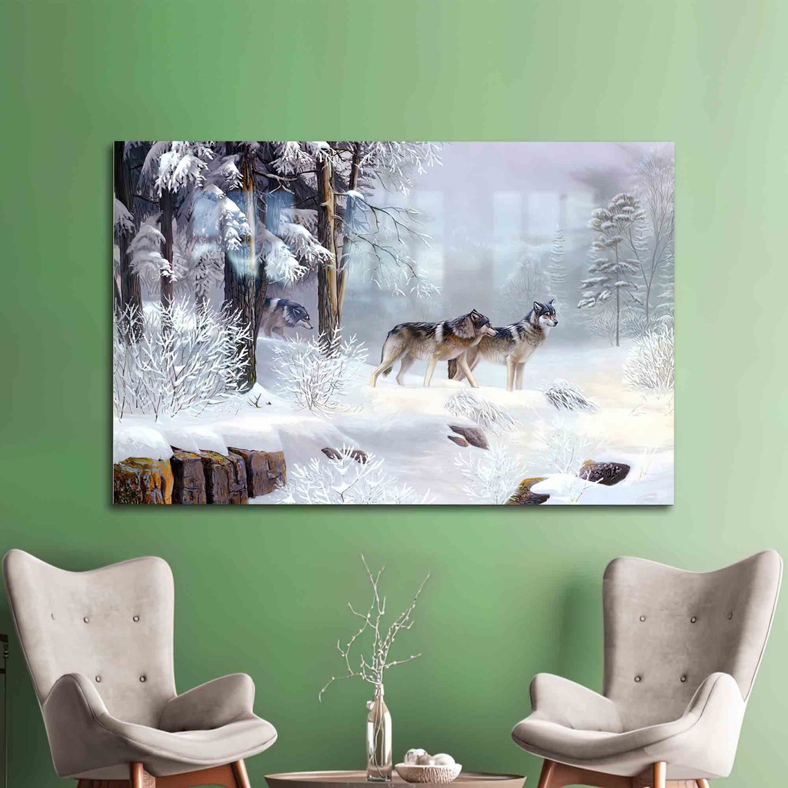 Glass Mural Art Wall Decor Forest Landscape Wolf Tempered Decoration Three