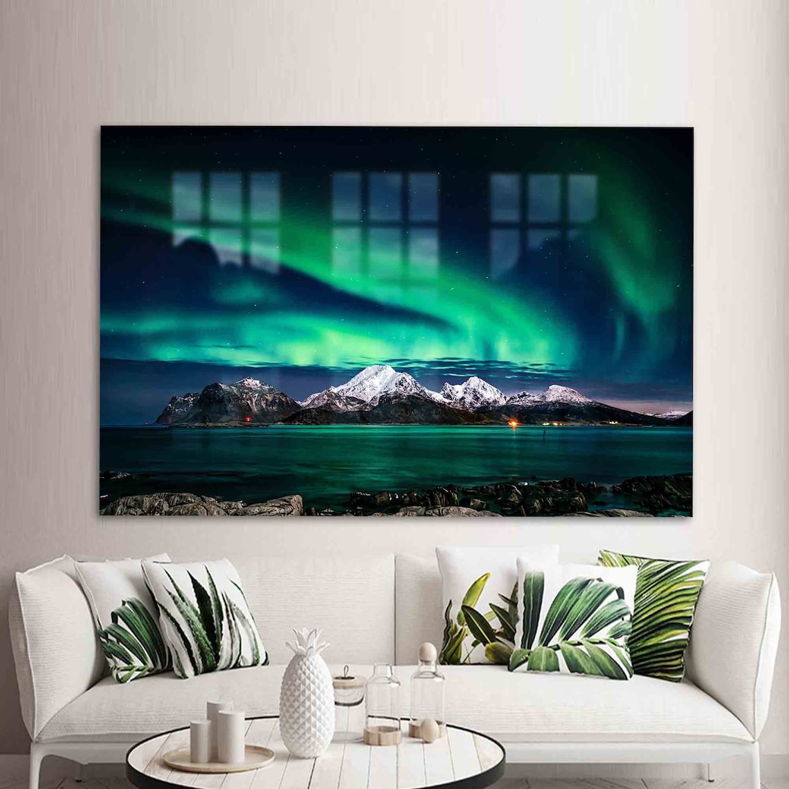 Northern Lights Snowy Mountains Fjord Night Sky Aurora Photo Poster