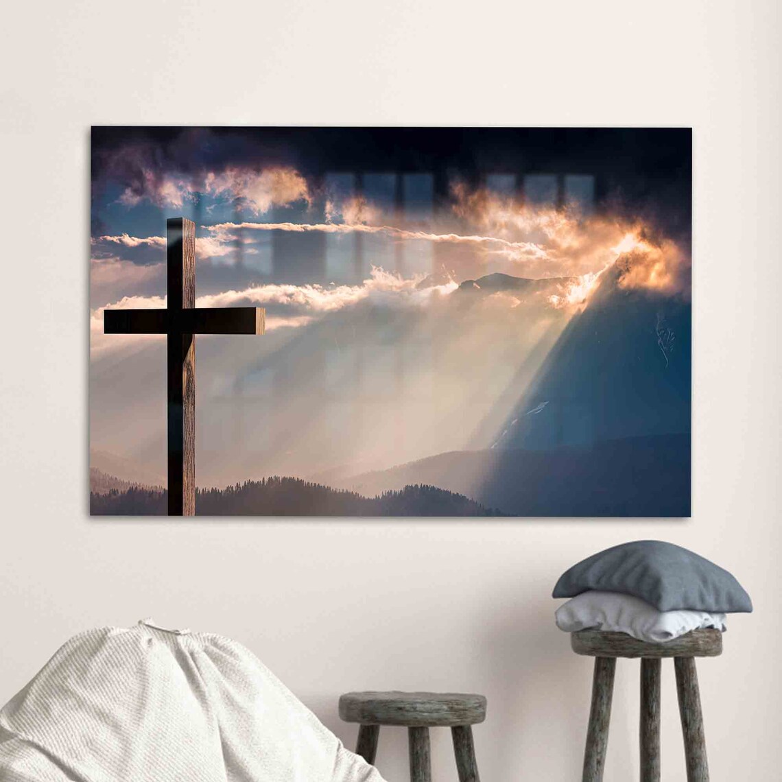 Wooden Cross Against Mountain Sunrise With Heavenly Light Wall Art