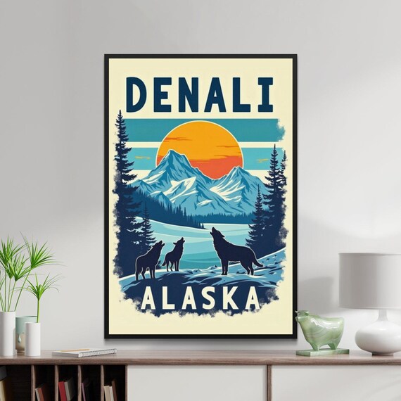 Denali Alaska Howling Wolves Snowy Peaks Sunset Wilderness Poster