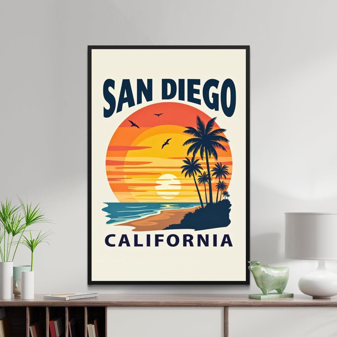 San Diego California Palm Beach Sunset Coastal Retro Travel Poster