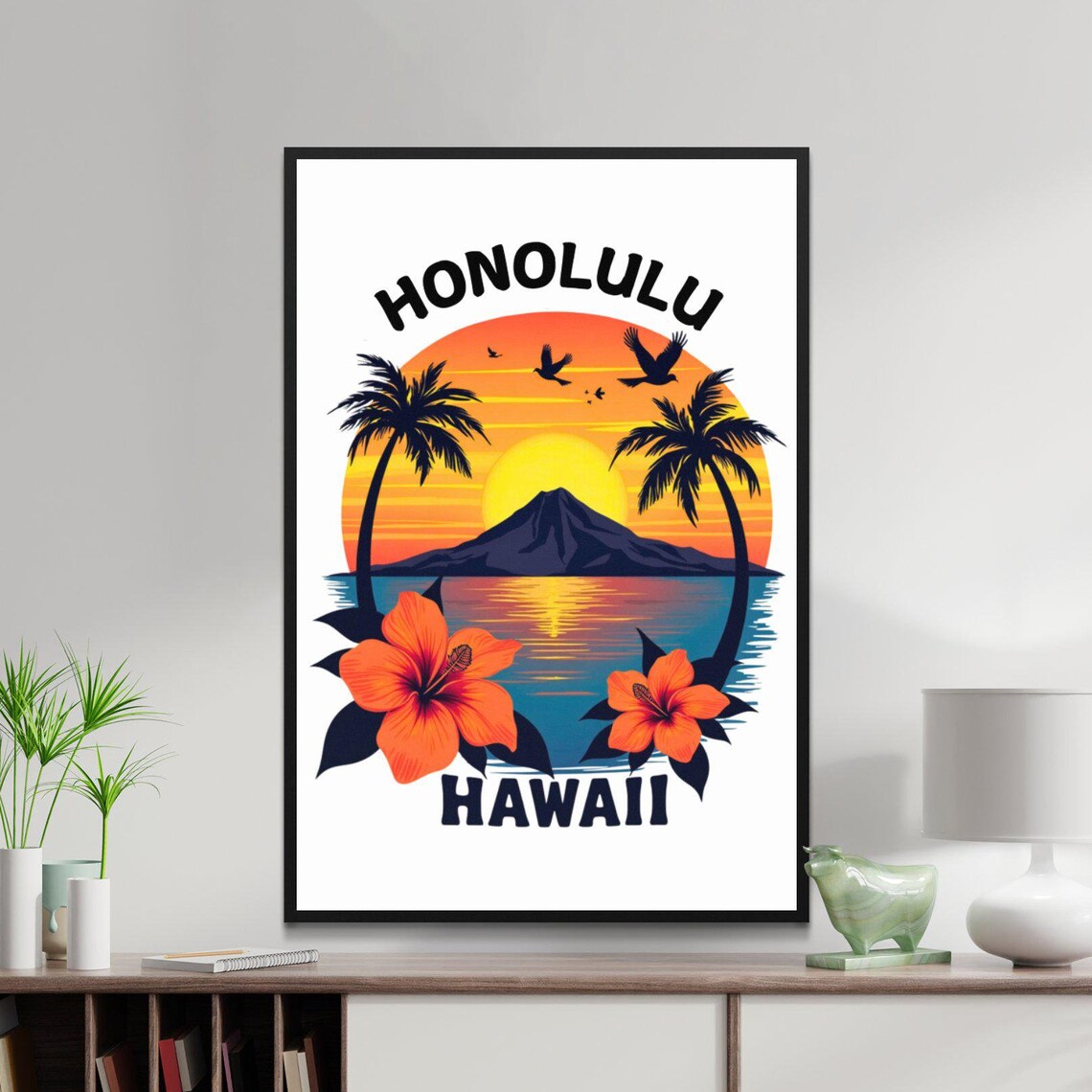 Honolulu Hawaii Hibiscus Flowers Volcano Sunset Tropical Poster