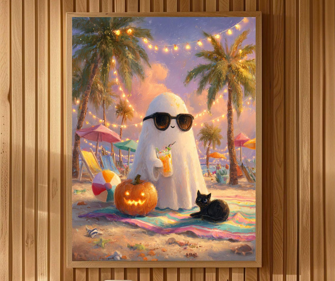 Summerween Ghost Beach Party Halloween Sunset Cute Art Poster
