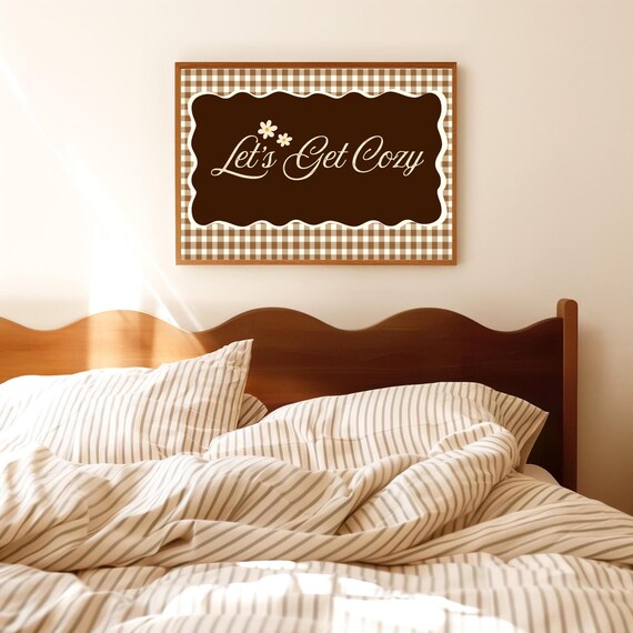 Cozy Bedroom Gingham Print Beige Minimalist Poster