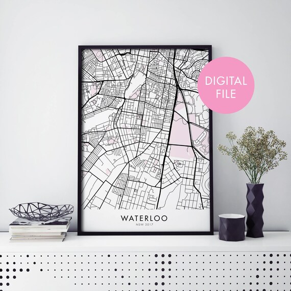 Waterloo Sydney City Map Minimalist Black Line Art Travel Poster