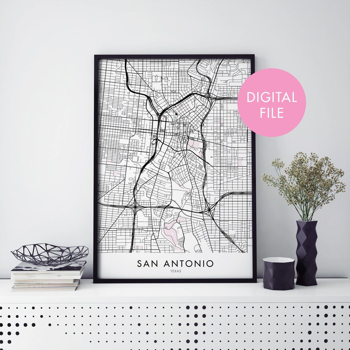 San Antonio Texas Bold Black And White City Street Map Poster