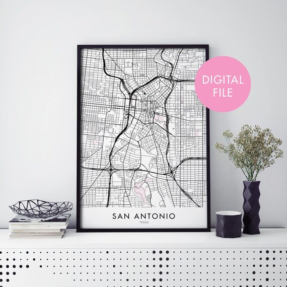 San Antonio Texas Bold Black And White City Street Map Poster