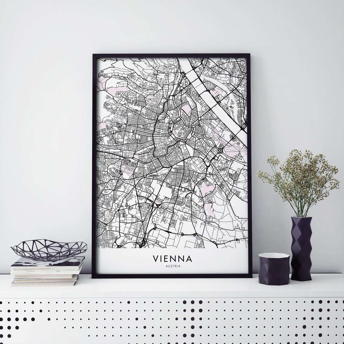 Vienna Austria Monochrome City Street Map Grid Framed Style Poster