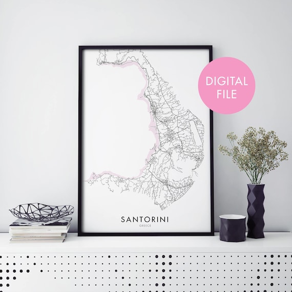 Santorini Greece Island Map Minimal Line Art Digital Download Poster
