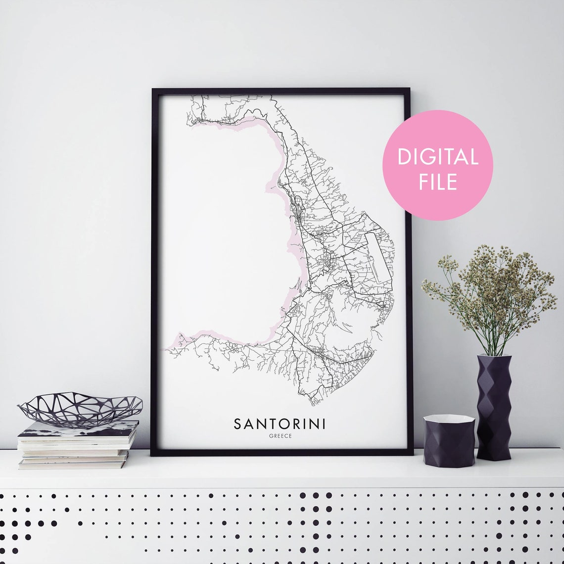 Santorini Greece Island Map Minimal Line Art Digital Download Poster
