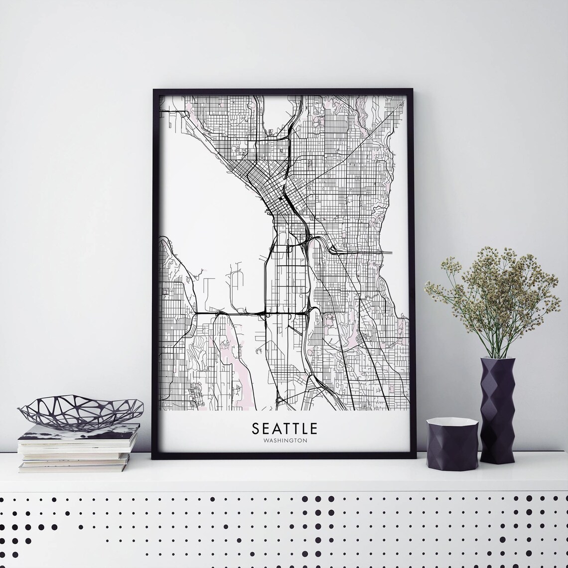 Seattle Washington Detailed Street Map Black Line Art Gift Travel Poster