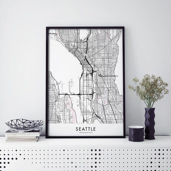 Seattle Washington Detailed Street Map Black Line Art Gift Travel Poster