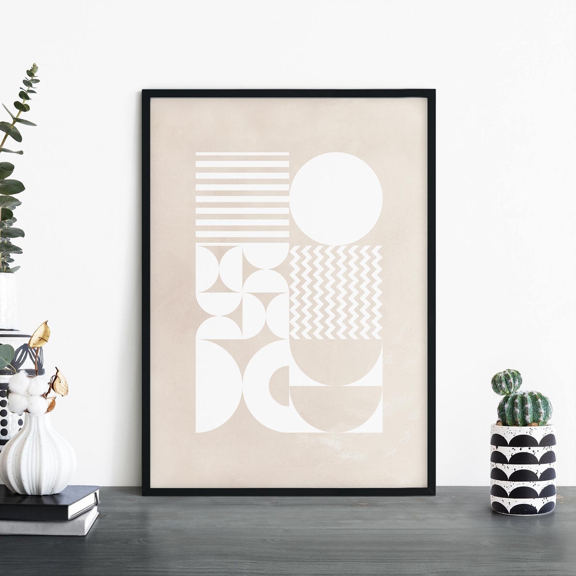 Beige Chaos Geo Stripes and Circles Minimal Neutral Abstract Poster