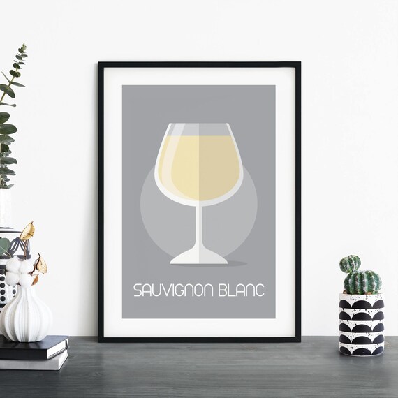 Sauvignon Blanc Minimalist Wine Glass Illustration Grey Wall Art
