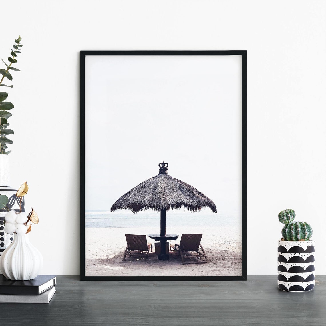 Thatched Beach Umbrella and Two Chairs Tropical Getaway Photo Print