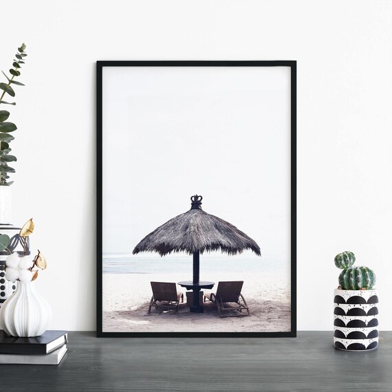 Thatched Beach Umbrella and Two Chairs Tropical Getaway Photo Print