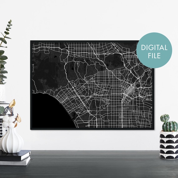 Los Angeles California Dark Street Map with Coastline Art Poster