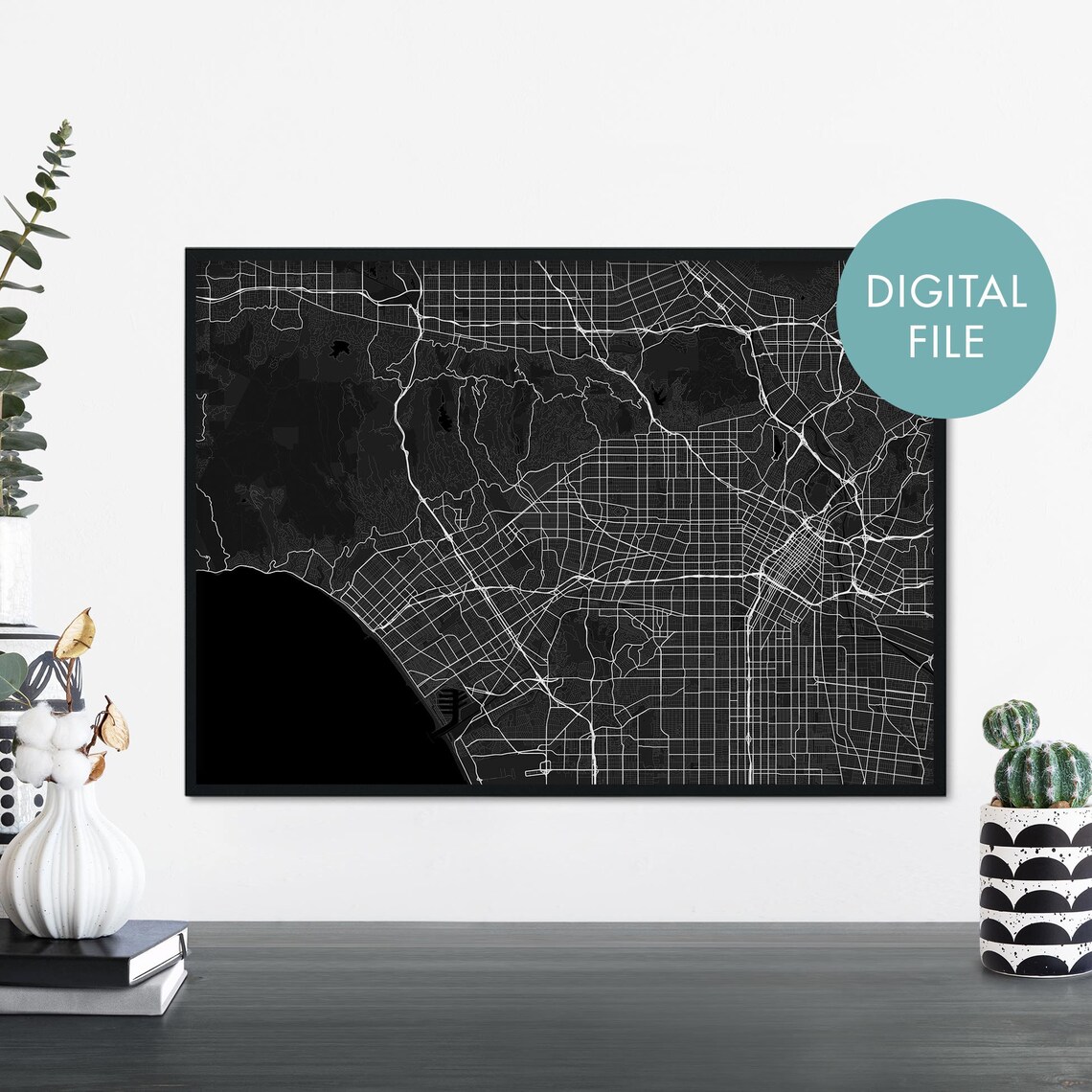 Los Angeles California Dark Street Map with Coastline Art Poster