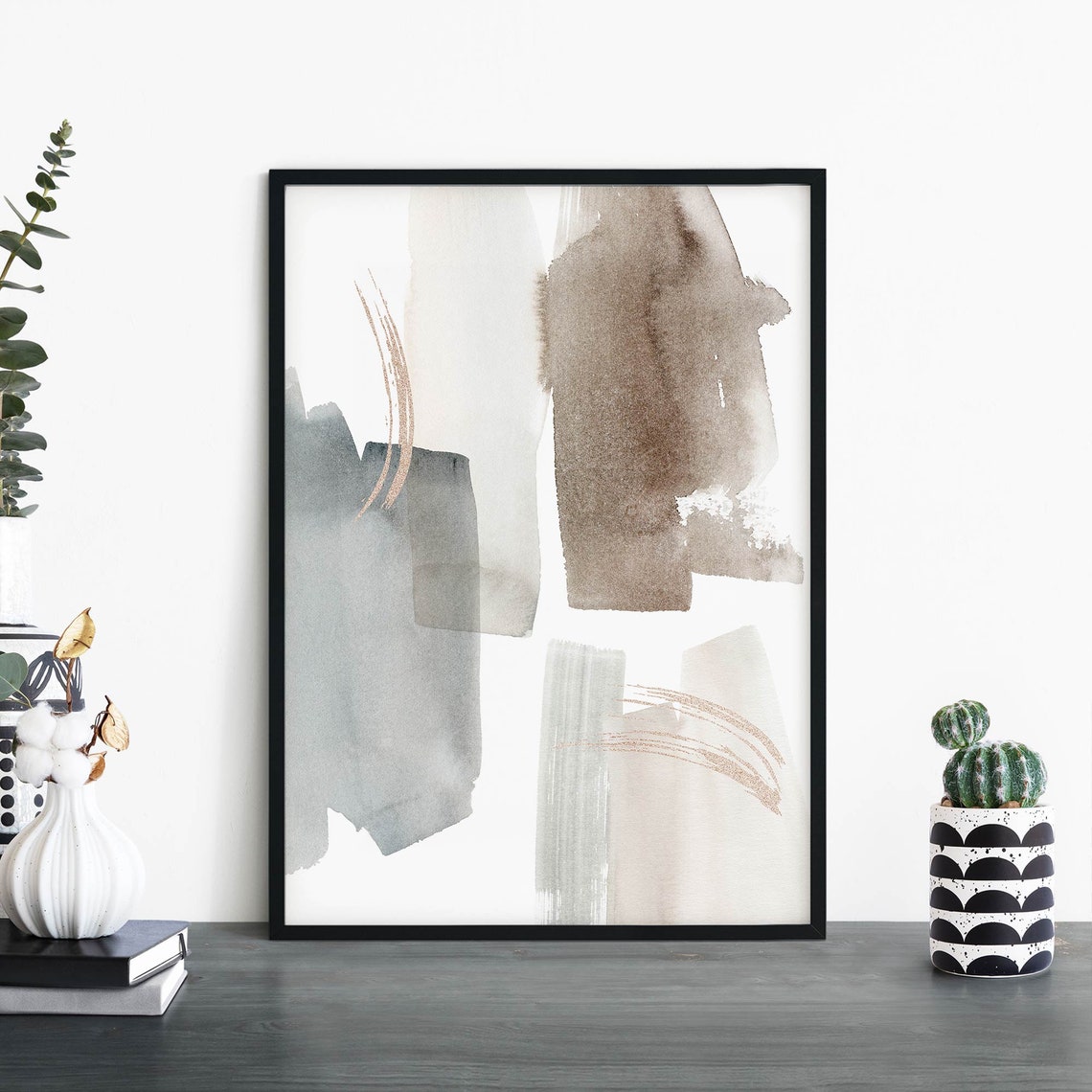 Grey Beige Brush Strokes Minimalist Abstract Watercolor Art Poster