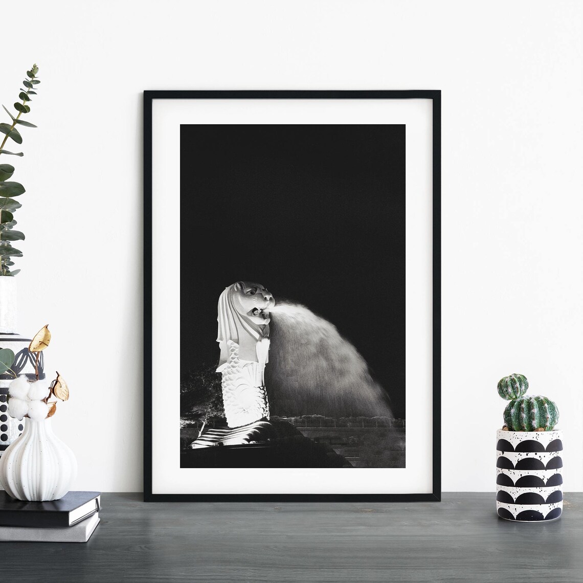 Merlion Singapore Night Spouting Water Black White Landmark Print