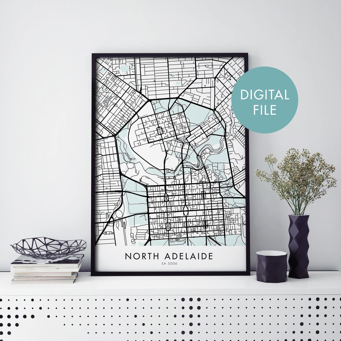 North Adelaide South Australia Black And White Street Map Art Print