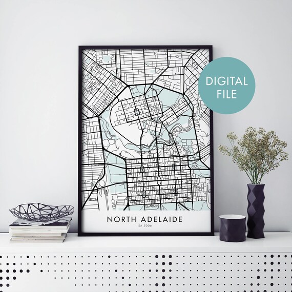 North Adelaide South Australia Black And White Street Map Art Print